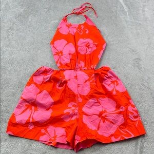 Staud 12 Rent The Runway Red Pink Floral Georgia Halter Romper Shorts Pockets